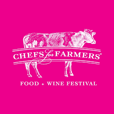 Logo of Chefs for Farmers Food + Wine Festival with cow illustration on a pink background.